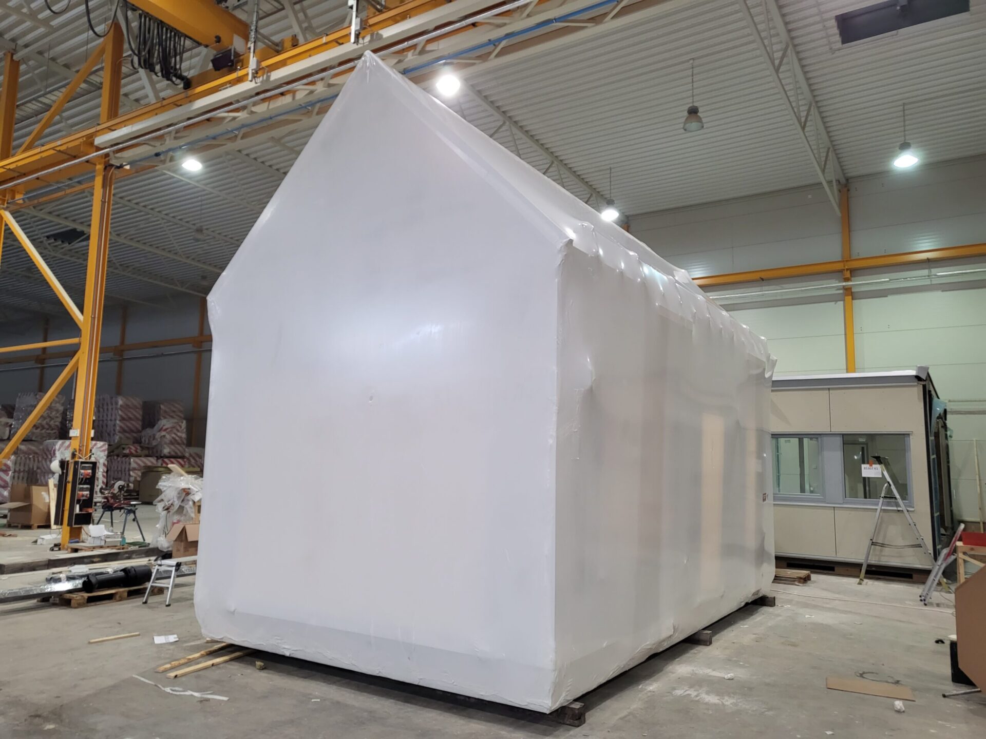 Gable roof modular shrink wrapped with heat3 easypack before